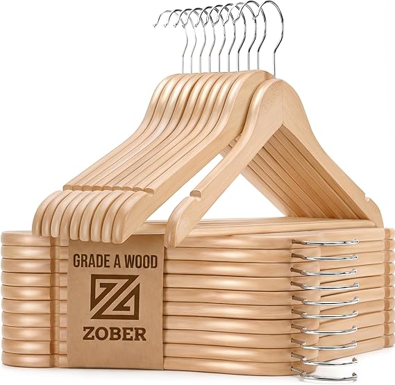 Zober Wooden Hangers 20 Pack, Heavy Duty Clothes Hangers, Non Slip, Natural | Wood hangers, wooden hangers with non-slip pants bar, heavy duty hangers, suit hangers for men, hangers wood, hangers wooden