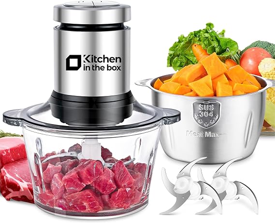 Kitchen in the box Food Processors,Small Meat Grinder & Food Chopper Electric Vegetable Chopper with 2 Bowls (8 Cup+8 Cup)& 2 Bi-Level Blades for Meat/fish/Vegetable/Baby Food,Sliver