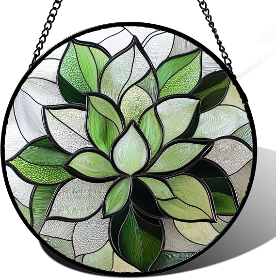 Green White Succulent Stained Glass Window Hanging Suncatcher Gifts 6.3"
