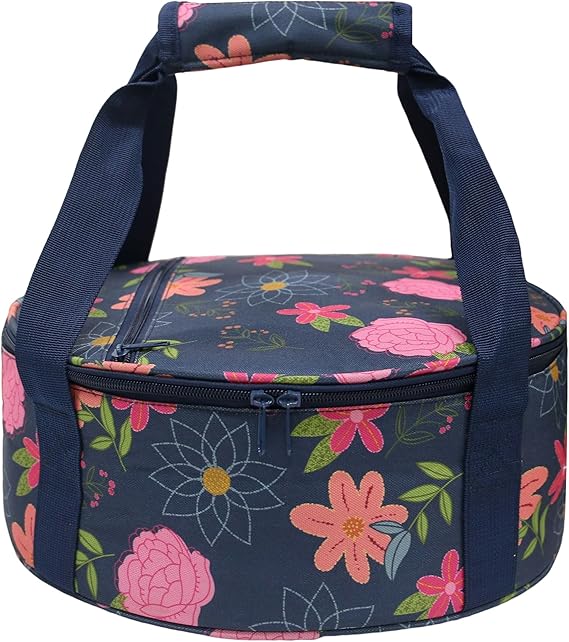 Round Insulated Casserole Carrier, Leakproof Thermal Food Carrier for Hot Cold Food, Portable Potluck Picnic Bag with Padded Handle (Blue Floral)
