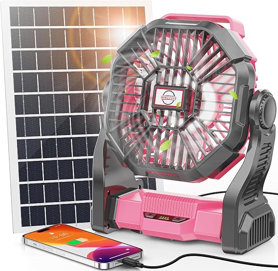 Solar Fan with LED Lantern, 10W Solar Panel Rechargeable Battery Powered Camping Fan for Outside, 9 Inch Portable Battery Operated Hurricane Supplies for Picnic, Barbecue, Fishing, Travel
