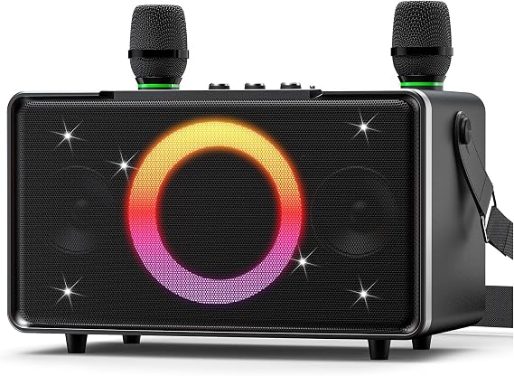 GFEEN Karaoke Machine for Adults, 100W Portable Speaker with Bluetooth and Wireless Microphone, Bass/Treble Adjustment, 6 DJ Lights, USB/AUX for Home Party, Outdoor, Backyard(Silver with 2Mic)