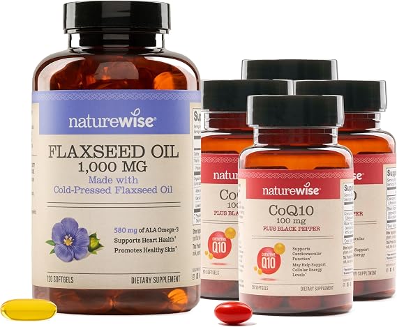 NatureWise [1] Flaxseed Oil 1000mg - Organic, Cold Pressed - 120 Softgels[120-Day Supply] + (Pack of 4) CoQ10 100mg + Black Pepper, High Absorption - 30 Softgels[30-Day Supply]