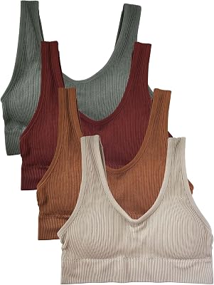 Kalon Womens 4 Pack Ribbed Bralette Crop Top Comfort Sports Bra