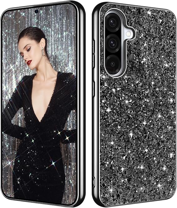 Galaxy A57 Glitter Case for Samsung Galaxy A57 5G Phone Case for Women Girls, Slim Ultra Thin Matte Back Shockproof Protective Cover for Samsung A57 5G, 6.7" Crystal Bling Case (Black)