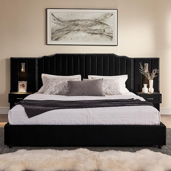 VMU Luxury King Size Bed Frame with Oversized Curved Nailhead Trim Headboard, Modern Velvet Upholstered Platform Bed with Built-in Nightstands and Reading Lights, No Box Spring Needed, Black