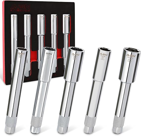 ABN Extra Deep Socket Set 5 Pieces - 3/8 Inch Drive Magnetic Grip Cr-V Deep Well Sockets - 6 Point 5/8 and 13/16in - 12 Point 14, 16 and 18mm
