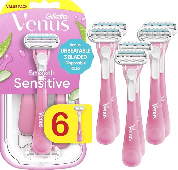 Gillette Venus Sensitive Disposable Razors for Women with Sensitive Skin, 6 Count, Delivers Close Shave with Comfort