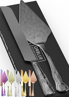 Orblue Wedding Cake Knife and Server Set - Premium, Beautifully Engraved Cutting Set - Elegant Keepsake for Newlyweds Black