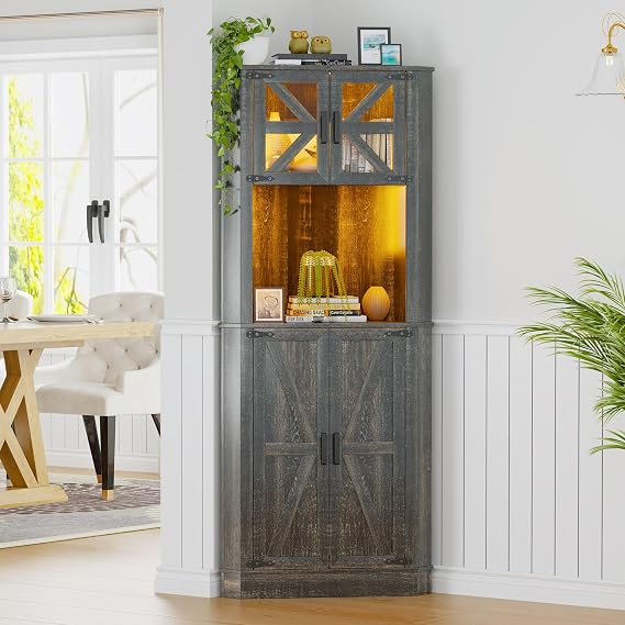 Gurexl 67" Tall Farmhouse Storage Cabinet with Auto Sensor LED,Corner Cabinets with USB-C Ports,Hutch Cabinet with 2 Cabinet,1 Large Countertop,Removable SHleKitchen,Dining Room,Oak Rustic