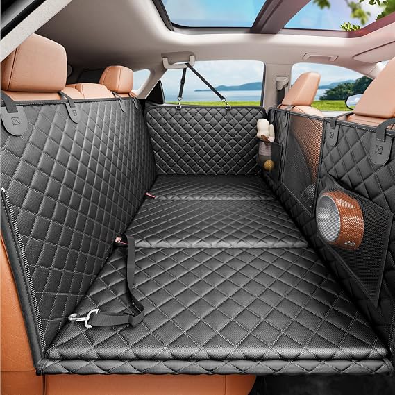 REEVAA 2.0 Hard Bottom Back Seat Cover for Large Dogs, L, Black | Foam Padding, 600 lbs Extender, 45% More Space for Large Dogs, Waterproof, Zippered Mesh Window, Fits SUVs & Small Trucks