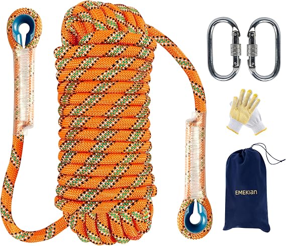 12 mm Orange Indoor Outdoor Climbing Rope, 10 M (32 ft) Static Rock Climbing Rope for Escape Rope, Ice Climbing Equipment, Fire Safety Rescue Rope, with Non Slip Gloves