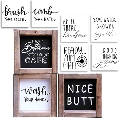 Funny Bathroom Signs Decor, Farmhouse Bathroom Decor with 9 Interchangeable Sayings, Rustic Accessories for Restroom Shelf Decor Sign for Kids Bathroom 6x6,Black and White Restroom Decorations