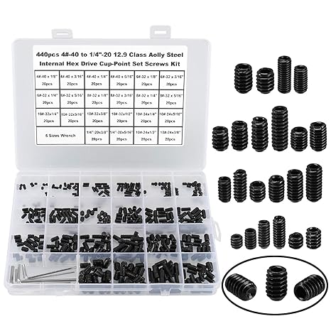 440Pcs 22 Sizes,4#-40 to 1/4"-20 Standard SAE Allen Head Socket Hex Grub Screw Assortment Kit,Internal Hex Drive Cup-Point Set Screws Set with 5pcs Hex Wrenches,12.9 Class Alloy Steel-Black