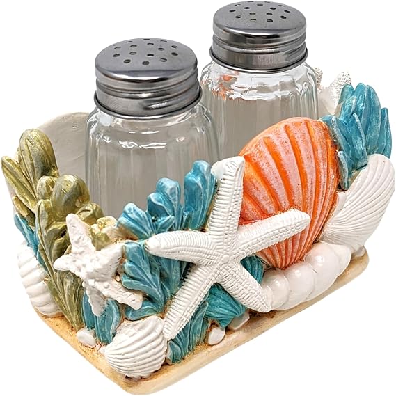 Seaside Splendor Salt and Pepper Shakers Set - Starfish Seashells Holder | Coastal beach-themed 3D resin dispenser caddy, nautical decor for kitchen/beach house dining room, includes 2 glass bottles