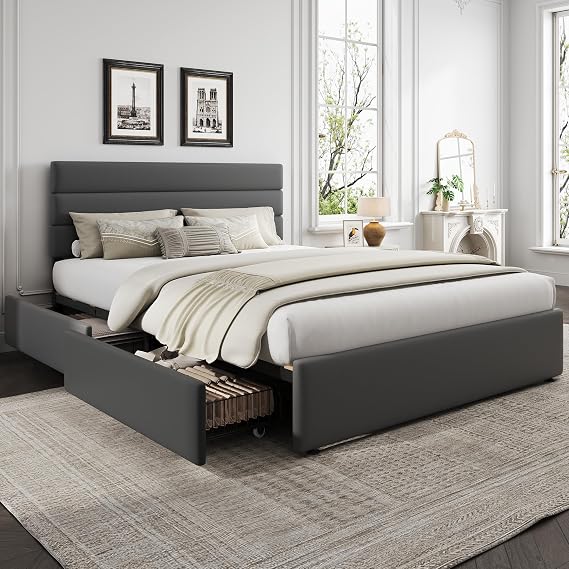 WLIVE Queen Size Upholstered Bed Frame with 4 Storage Drawers and Headboard, Velvet Platform Bedframe, Sturdy Metal & Wooden Slats Support, No Box Spring Needed, Easy Assembly, Dark Grey