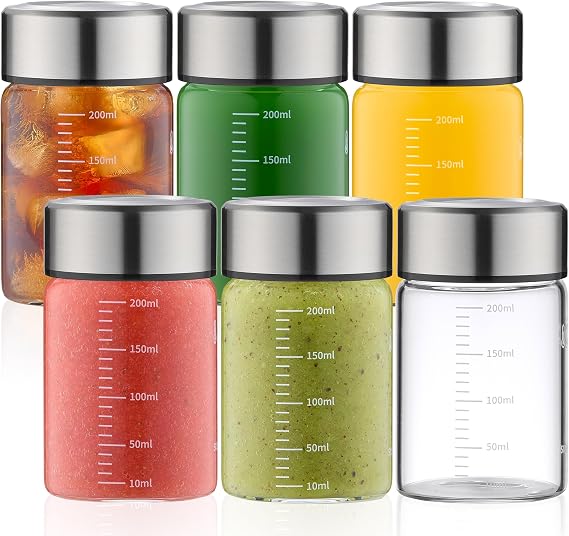 Danmu Glass Juice Bottles with Lids 6.76oz, Juicing Bottles Reusable 100% Leakproof for Juicing, Water, Kombucha, Milk, Milkshake, Coffee, Borosilicate Glass, 6 Pack, Dishwasher Safe, Microwave Safe