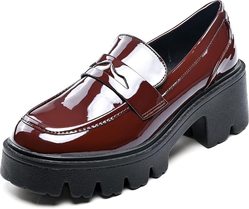 Black Penny Loafers for Women - Women's Slip-On Platform Patent Leather Loafers, Chunky Comfort Shoes for Work & Dressy Occasions