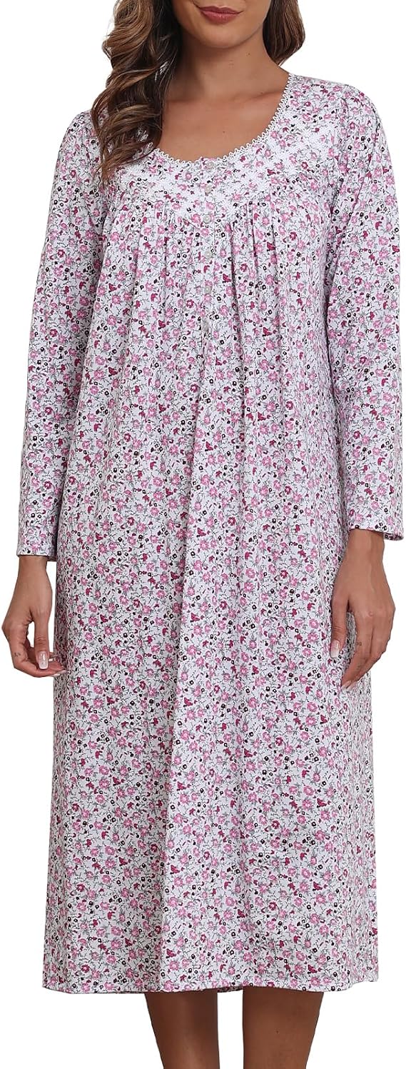Women's Long Sleeve Nightgowns 100% Cotton Nightgowns Sleep Dress Long Ladies Night Gowns Victorian Nightdress Sleepwear Pink Rose Floral L