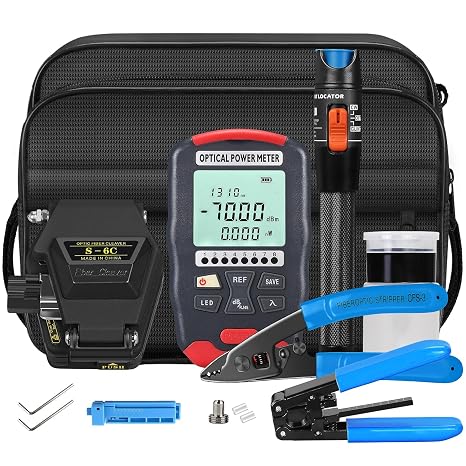 Fiber Optic Terminal kit 9-in-1 FTTH Tool kit Equipped with S-6C Optical Fiber Cleaver and high Precision Optical Power Meter D7 (-70~+10dBm) Well as Wire Stripper Tool