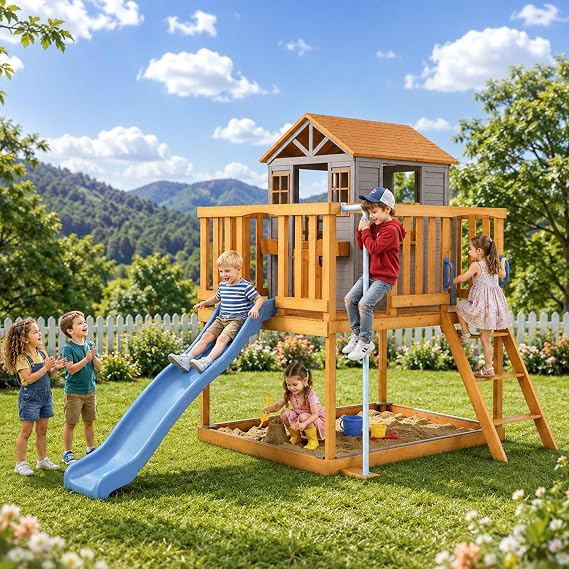 Elevated Wooden Kids Playhouse with Wave Slide,Wrap-Around Deck,Flat-Step Ladder,Half Door Windows,Vertical Speed Slide Pole and Sandbox,for Outdoor Backyard Play