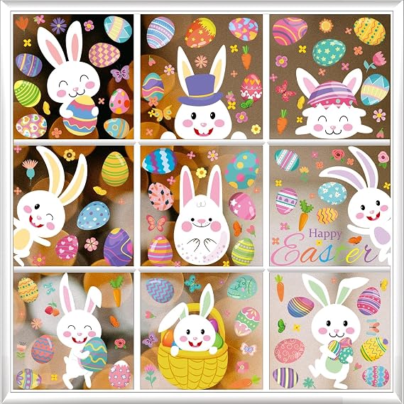 9 Sheets Easter Bunny Window Cling Decorations, Double Sided Easter Window Decorations Decals, Easter Spring Glass Window Stickers Decal, Cute Easter Decoration, Party Supplies (FHJ24002)