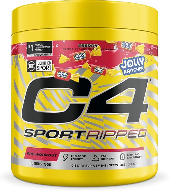 C4 Sport Ripped Pre Workout, 200mg Caffeine, Jolly Rancher Cherry, 20 Serv