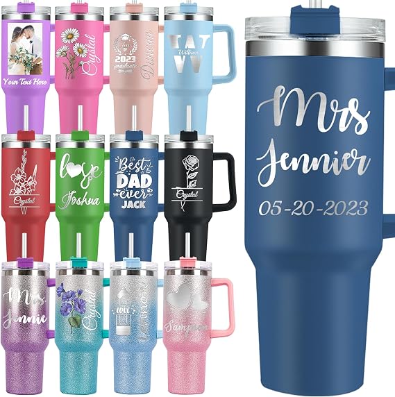 Personalized Tumbler with Handle Custom 40oz Engraved Name Cup with Lid and Straw Customized Insulated Stainless Steel Travel Coffee Glitter Mug Gifts for Women Mom Dad
