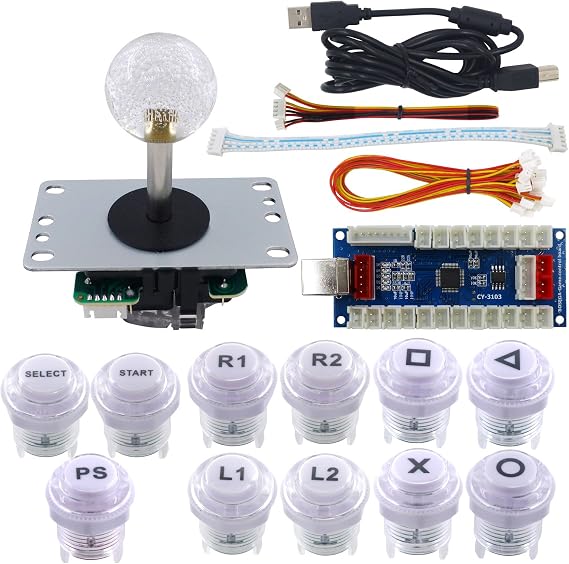 Arcade Game Stick DIY Kit Buttons with Logo 8 Way Joystick USB Encoder Cable Controller for PC PS3 PS2 MAME Raspberry Pi White