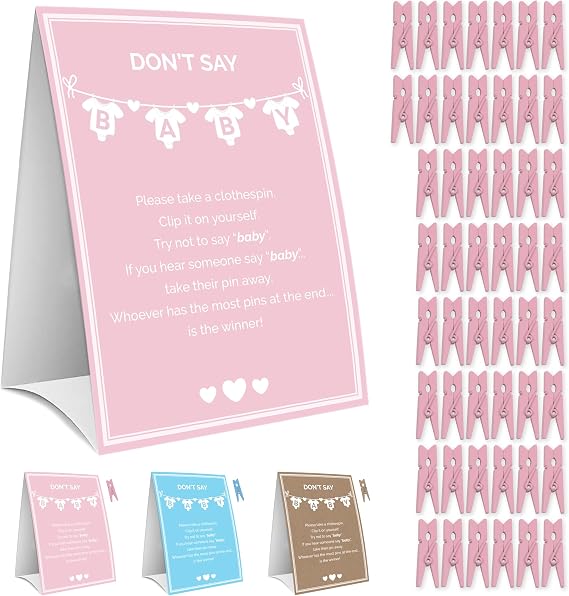 Party Hearty Don't Say Baby Game, Baby Shower Clothespins - Pink | Don't Say Baby Game, 1 Sign, 50 Mini Clothespins, Baby Shower Game Ideas