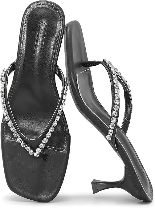 Crystal Embellished Thong Sandals for Women Open Toe Kitten Heel Flip Flops Summer High Heels for Party Wedding