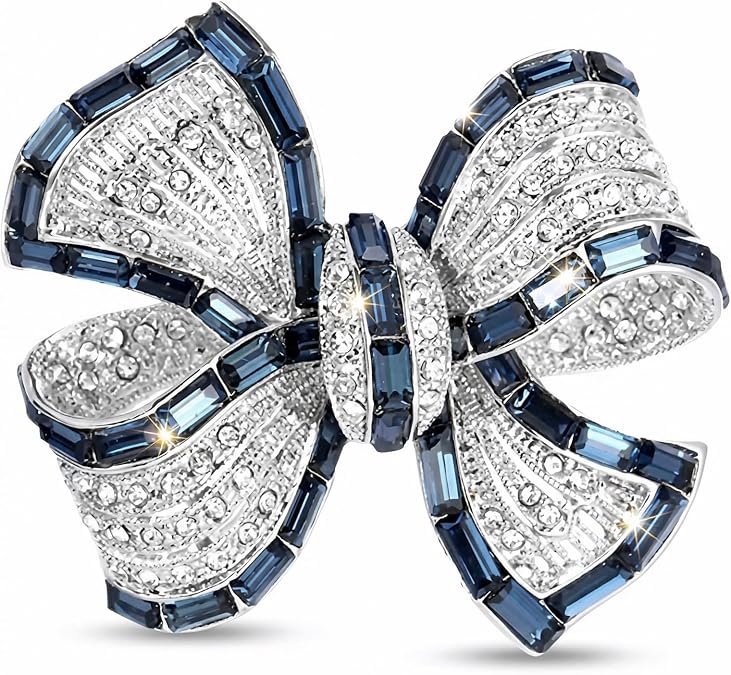 Blue Crystal Rhinestone Bow Brooch for Women, Vintage Ribbon Bow Pin for Coat, Elegant Sapphire Lapel Pins and Badges, Formal Party Wedding Jewelry Accessories