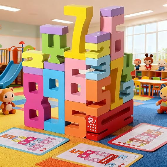 20PCS Wooden Number Building Blocks- Montessori Math Stacking Number Blocks Toys with Counting Games, Bright Digital Building Blocks Friends of 10,Learning Toys for Kids Ages 3-8