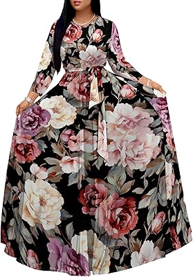Plus Size Maxi Dresses for Curvy Women Casual 34 Sleeve Crewneck Floor Length Floral Print Dress with Belt