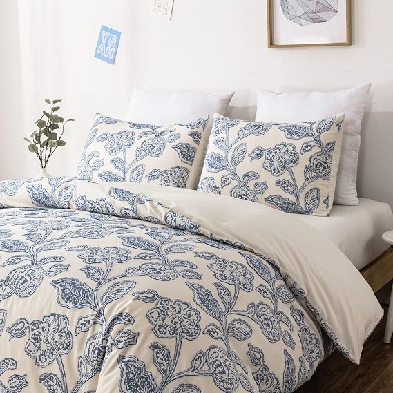 meadow park Floral Cotton Duvet Cover Queen Size Bedding Set Soft Textured Comfy Breathable Jacquard Comforter Duvet Cover with 2 Pillow Shams, Button Closure&Corner Ties, Blue Color