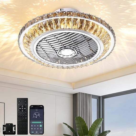 Ceiling Fan with Lamp, Crystal Ceiling Fan with LED Light, 72W Modern LED Dimmable Ceiling Light, Adjustable Wind Speed, with Remote Control, Fan Lighting with air guide wheel, 360° air circulation [Energy Class B]