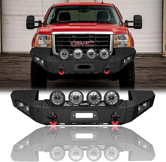 For 2007-2010 GMC Sierra 2500/3500 Steel Front Bumper With Winch Plate&Lights(Black Texture)