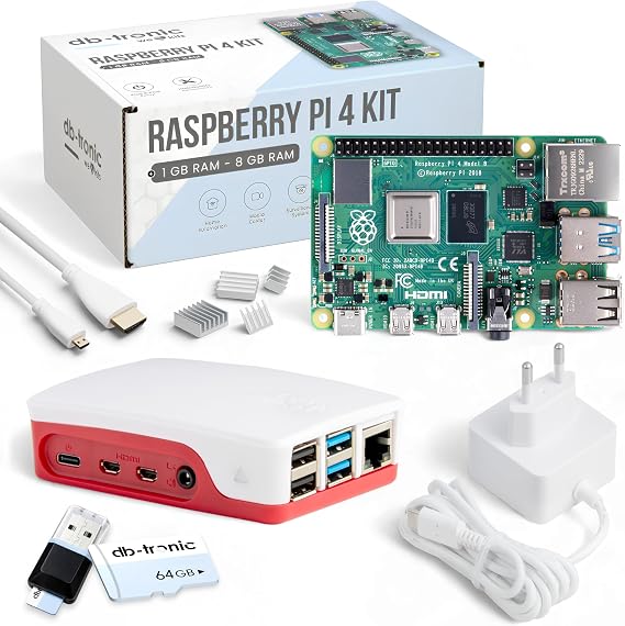 db-tronic Raspberry Pi 4 1GB Starter Set 64GB Edition Power Supply 15W Housing Red/White Heatsink Set 4K Micro HDMI Cable Ideal for Smart Home Retro Gaming & Home Assistant