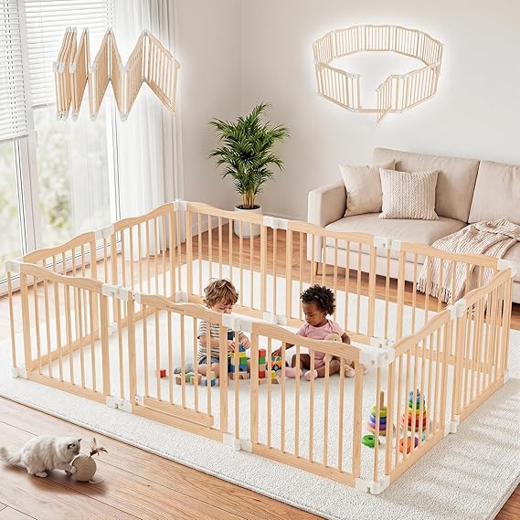 Foldable Wooden Playpen, Natural, 79 x 53 x 24 inches | Adjustable Wood Baby Play Yard with Door, Indoor Large Safety Fence for Babies and Toddlers, Easy Assembly