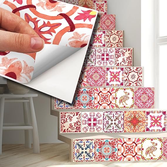 WALPLUS 120 Pcs 15cm (6") Moroccan Rose Red Mosaic Tile Stickers – Peel & Stick Self-Adhesive Backsplash for Kitchen & Bedroom – Removable Vinyl Wall Decals – DIY Home Decoration