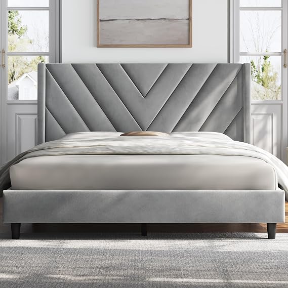 Yaheetech Queen Bed Frame with Chevron Channel-Tufted Headboard, Light Gray