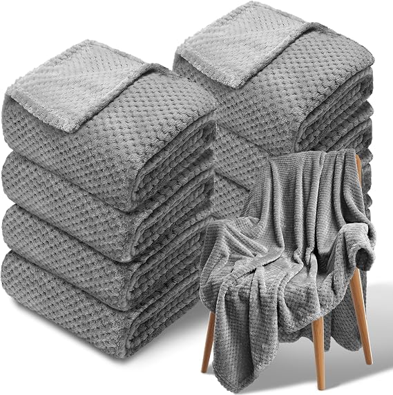8 Pack Fleece Throw Blankets 50x60 Inches - 240 GSM Ultra Soft Plush Flannel for Bed Couch Sofa, Lightweight Warm 3D Waffle Texture, No Shedding No Pilling All Season Throw(Dark Gray)