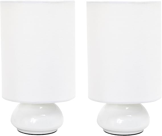 Simple Designs LT2043-WHT-2PK 9" Gemini 2 Pk Contemporary 4 Settings Touch Metal Mini Round Table Lamp Set w Fabric Shades for Decor,Nightstand,End Table,Bedroom,Living Room,Office,Foyer, WHT