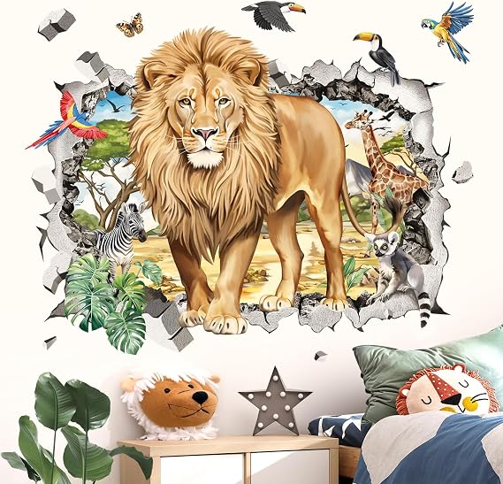 decalmile 3D Safari Lions Break Through Jungle Boys Wall Decals Stickers