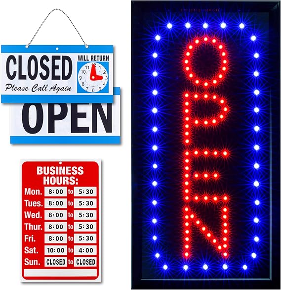 Open Sign for Business, Bright Vertical Neon-Style LED Sign | Includes Business Hours and Open & Closed Signs - Ideal for Stores, Bars, Restaurants and Retail