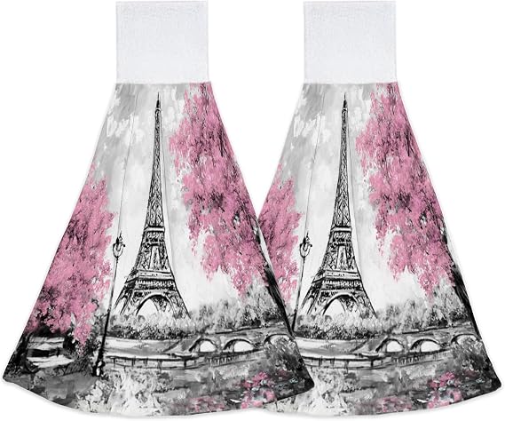 Elightvap Eiffel Tower Paris Kitchen Towels with Hook Loop Tea Bar Dish Cloth Dry Towel Set of 2 Hanging Hand Towel for Bathroom Tea Bar Laundry Room