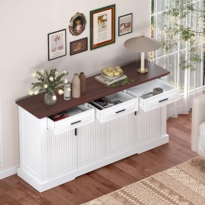 63 Fluted Farmhouse Large Buffet Sideboard Storage Cabinet with 3 Drawers & Adjustable Shelves, 4 Doors Buffet Credenza Table Coffee Wine Bar Cabinet for Entryway, Living Room, Dining RoomWhite