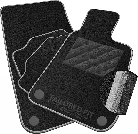 Car Mats to fit Fiat Tipo (2016 -) Black Carpet with Grey & Silver Trim & Black Rectangle Heel Pad [2174]