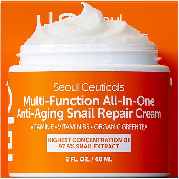SeoulCeuticals Snail Mucin Moisturizer 97.5% - Korean Skin Care Snail Repair Cream - Day & Night Anti Aging K Beauty Skincare Cruelty Free 2oz