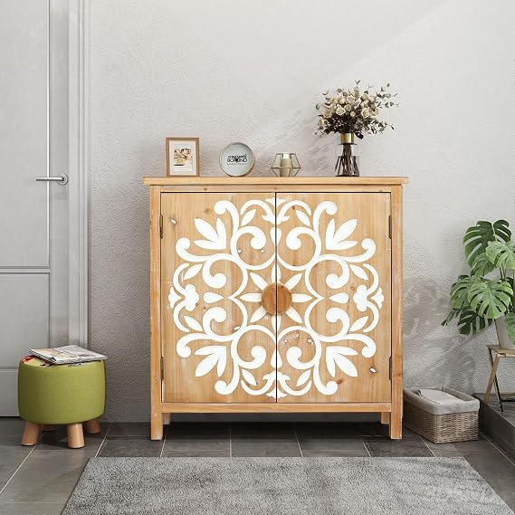 32" Rustic Small Storage Cabinet, Storage Cabinets with Floral Carved Doors, Tool Cabinet with Sturdy Wood for Living Room and Entryway, Antique Brown+White